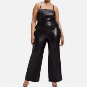 Good American Black Faux leather Wide leg jumpsuit Size 6 = XXL New without tag